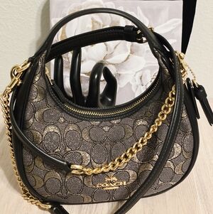 Coach Carmen Mini Crossbody Bag Sig Purse Jacquard Leather CCF76 Metallic Gold